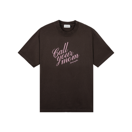CALL YOUR MOM T-SHIRT (FRONT VIEW) we created this "call your mom" capsule to serve as a reminder, to take a pause in your busy life, call your mom, call those you love and check in on them every now and then.  unisex short sleeve t-shirt brown | garment dyed standard fit 100% usa cotton jersey | 7.5 oz. printed in east los angeles