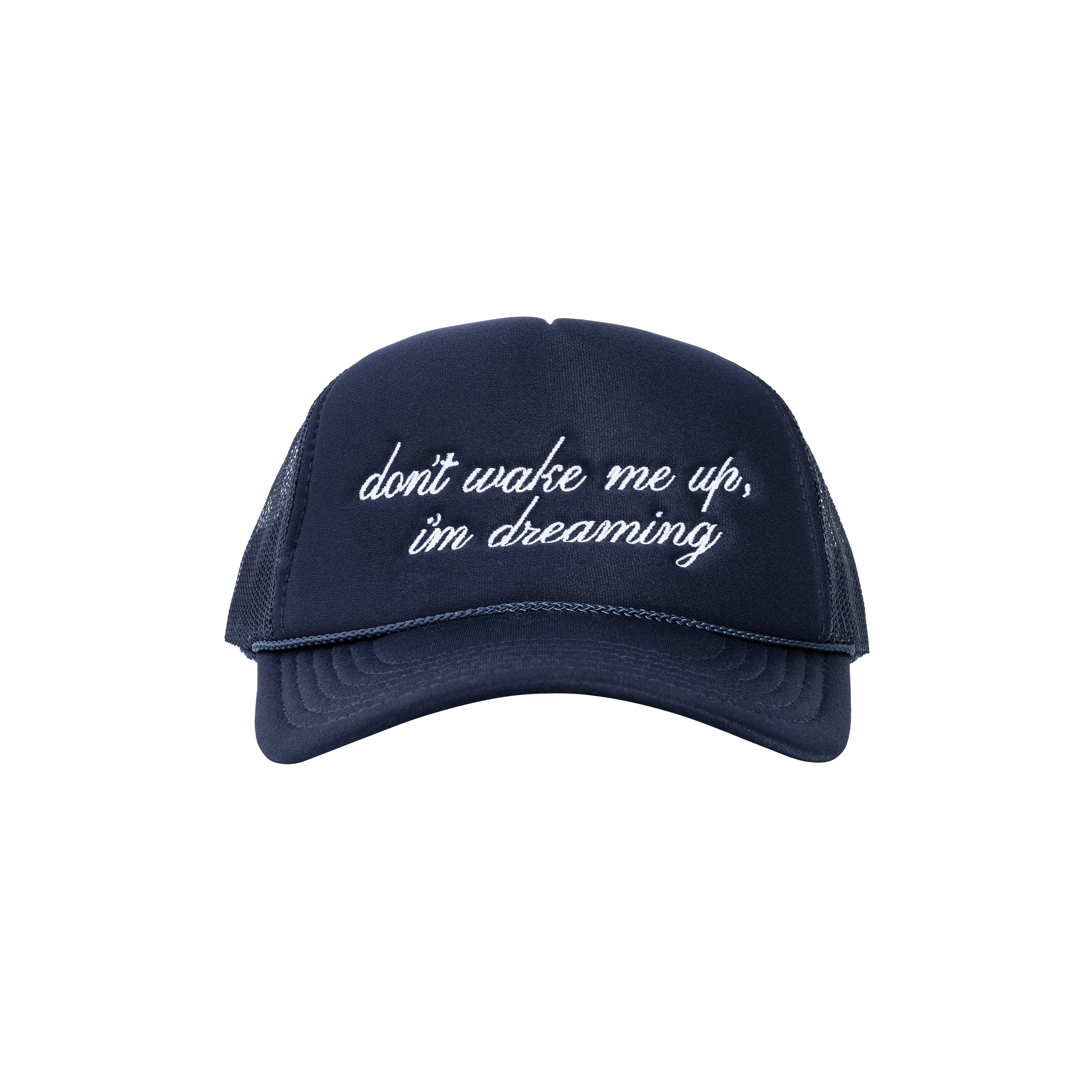 IM DREAMING TRUCKER HAT (FRONT VIEW) the meaning behind this hat is that you are exactly where you need to be and are living the life you always dreamt of. so don't wake up... enjoy this dream life that you worked so hard for and enjoy every present moment  high-profile trucker hat navy 5-panel, snap-back 100% polyester foam front; embroidered in south central, los angeles