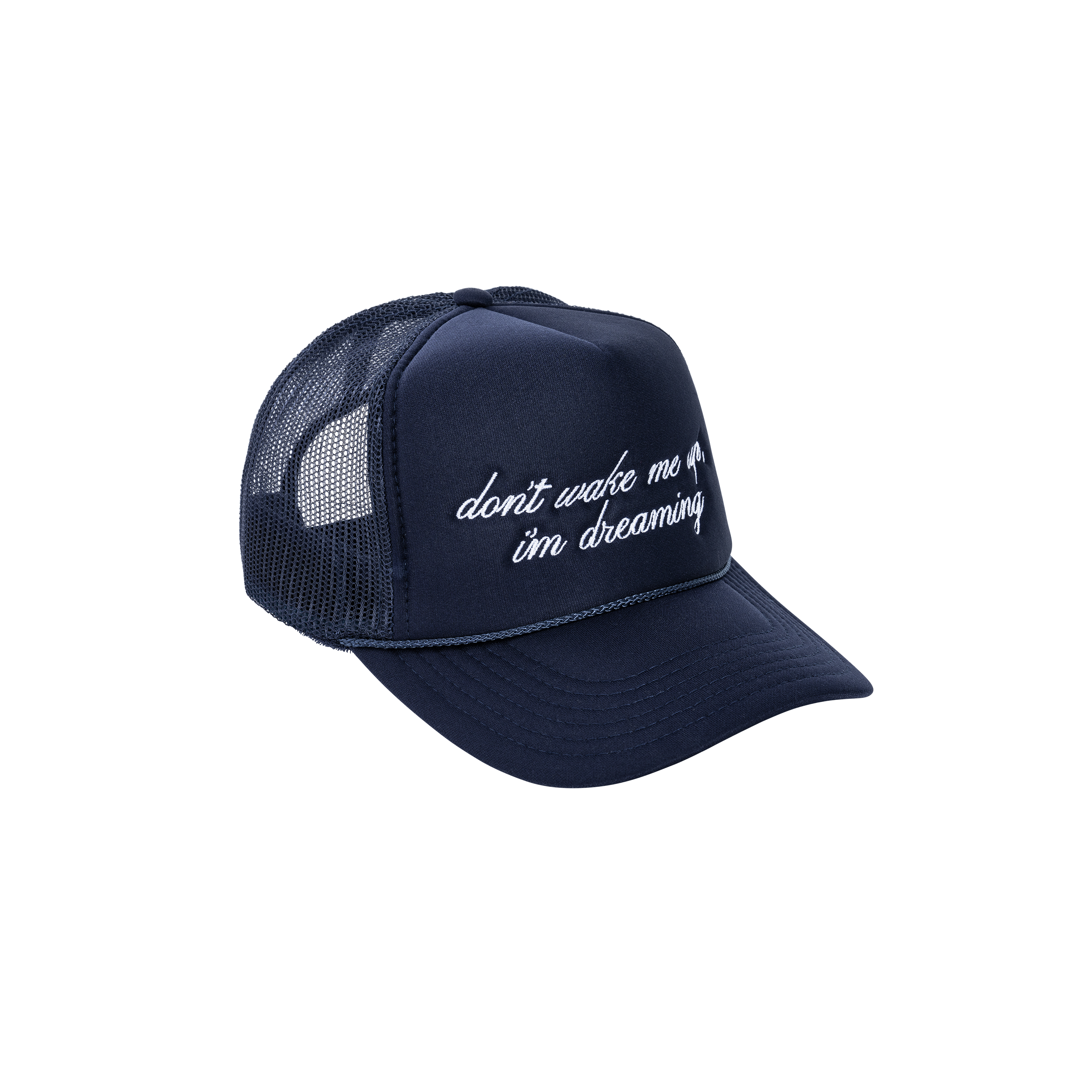 IM DREAMING TRUCKER HAT (SIDE VIEW) the meaning behind this hat is that you are exactly where you need to be and are living the life you always dreamt of. so don't wake up... enjoy this dream life that you worked so hard for and enjoy every present moment  high-profile trucker hat navy 5-panel, snap-back 100% polyester foam front; embroidered in south central, los angeles