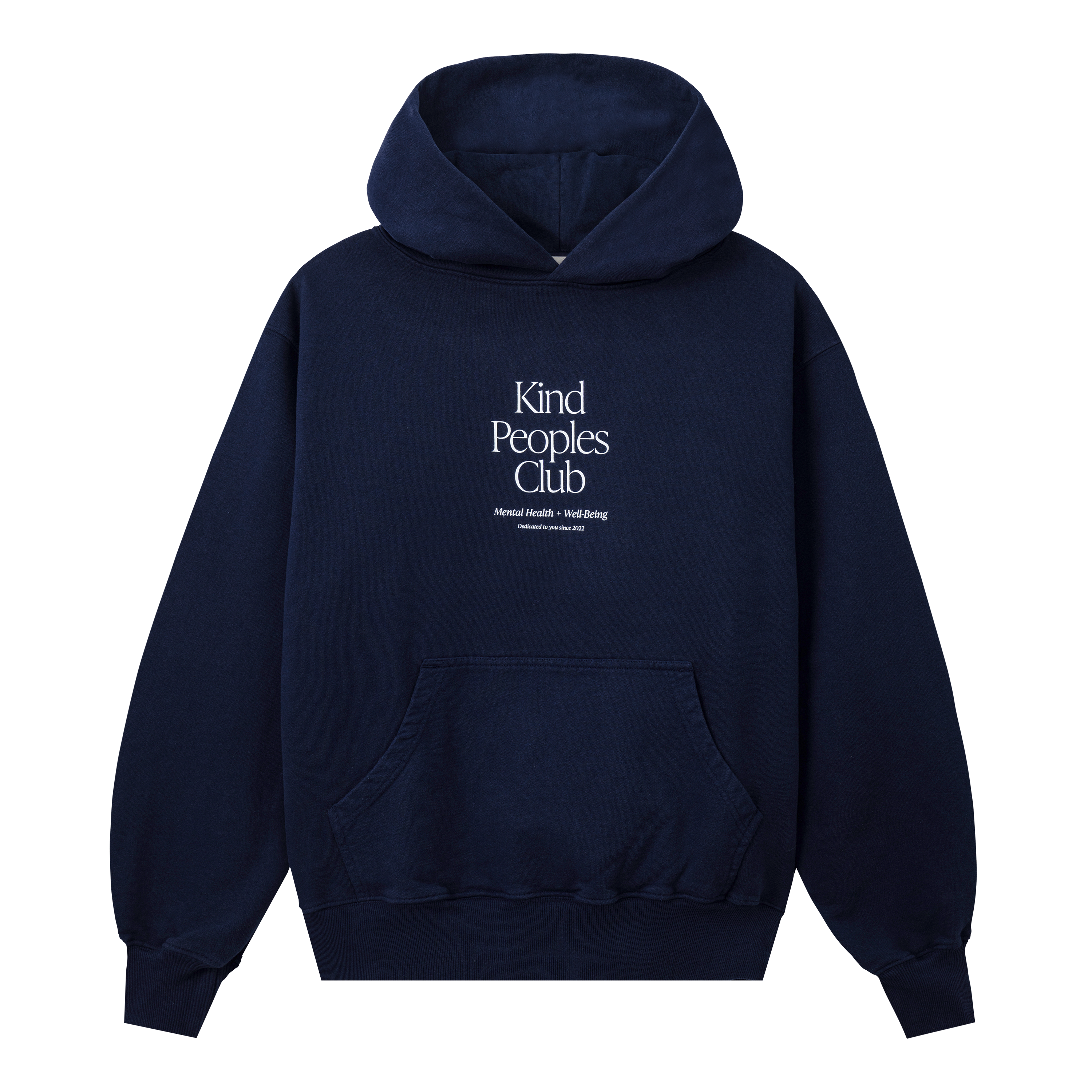 KIND PEOPLES CLUB HOODIE (FRONT VIEW) join the kind peoples club dedicated to you since 2022  unisex classic hoodie navy | garment dyed standard fit 100% usa cotton heavy-weight fleece | 13.5 oz. printed in east los angeles