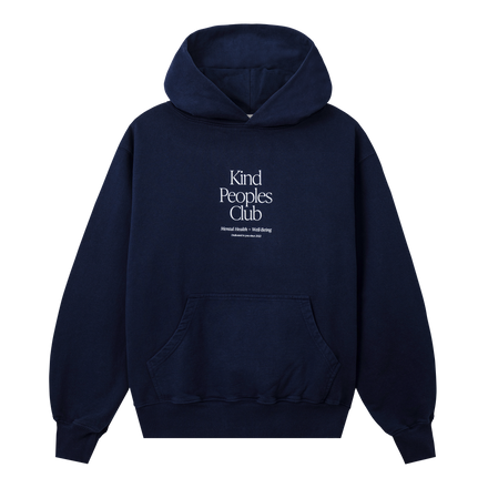 KIND PEOPLES CLUB HOODIE (FRONT VIEW) join the kind peoples club dedicated to you since 2022  unisex classic hoodie navy | garment dyed standard fit 100% usa cotton heavy-weight fleece | 13.5 oz. printed in east los angeles