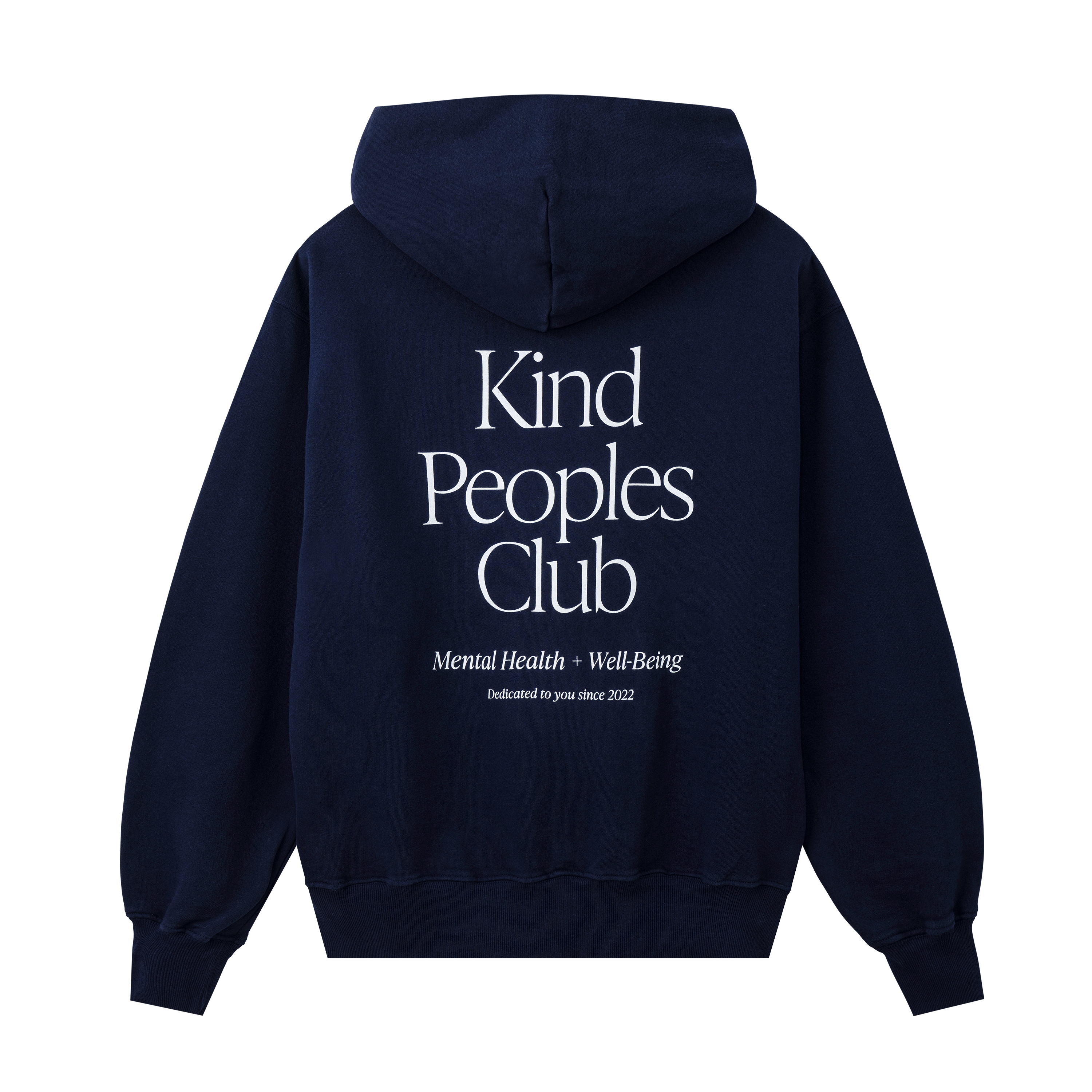 KIND PEOPLES CLUB HOODIE (BACK VIEW) join the kind peoples club dedicated to you since 2022  unisex classic hoodie navy | garment dyed standard fit 100% usa cotton heavy-weight fleece | 13.5 oz. printed in east los angeles