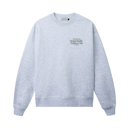 KP MENTAL HEALTH + WELLNESS CLUB CREW SWEATSHIRT (FRONT VIEW) eat more plants + be present! let this be the reminder you didn't know you needed  unisex crew neck sweatshirt light heather grey relaxed fit 80% cotton/ 20% recycled polyester anti-pill fleece | 9.4 oz. printed in east los angeles