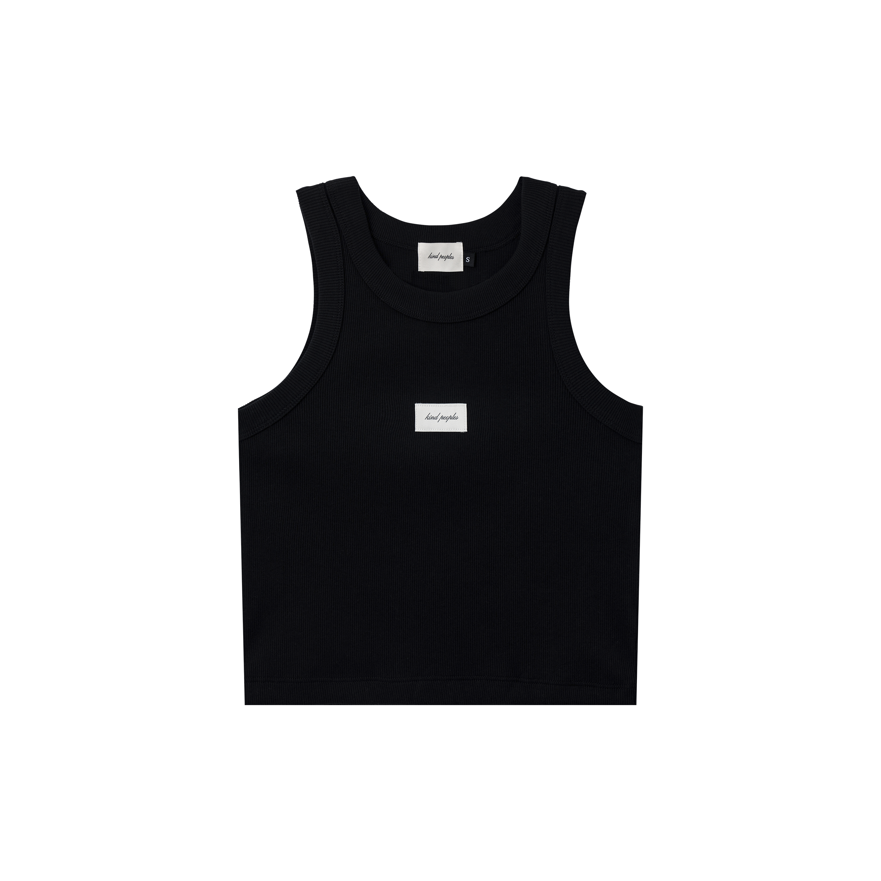 KP LOGO LABEL CROP TANK (FRONT VIEW) "kind peoples" woven logo jacquard label  women's organic rib crop tank black slim fit 95% organic cotton/ 5% elastane 2x2 rib | 9.7 oz. sewed in south central, los angeles